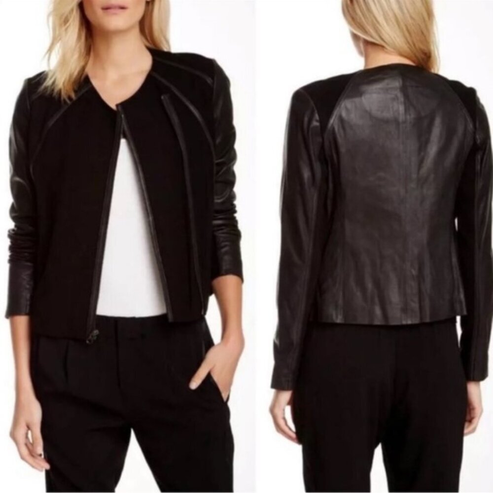Vince Moto Leather Trim Zip Jacket Coat Lightweight Pockets Blazer Top Black L